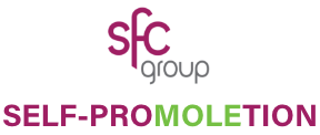 SFC group logo with purple text "SELF-PROMOLETION" below. Part with "MOLE" highlighted by green color