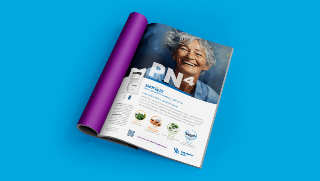 A visually appealing magazine with a smiling elderly woman and info about the SMOFlipid product on a blue background.