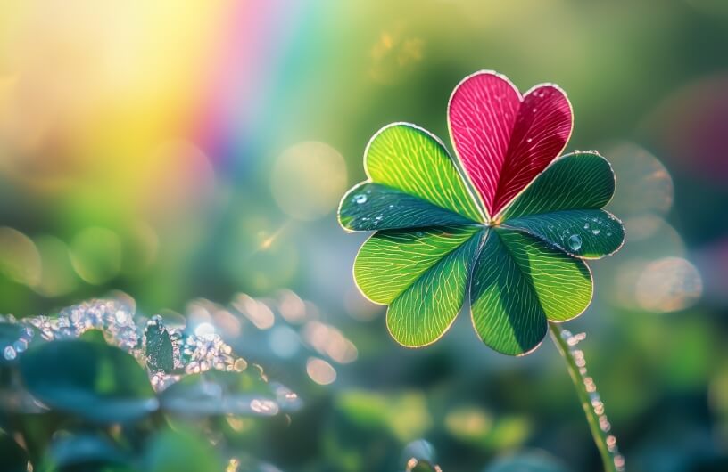 A clover with 5 petals, one of which is pink, set against a bright sunny meadow filled with sunlight, greenery, and a rainbow