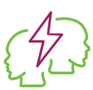 An icon depicting the outline of two human head profiles facing each other in light green, with a fuchsia lightning bolt striking between them.