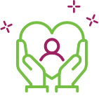 An icon featuring two hands outlined in light green holding a heart shape, also outlined in light green. Inside the heart is a fuchsia ribbon or abstract person shape. Two fuchsia plus signs and two fuchsia asterisks are around the top of the heart, suggesting sparkle or care.