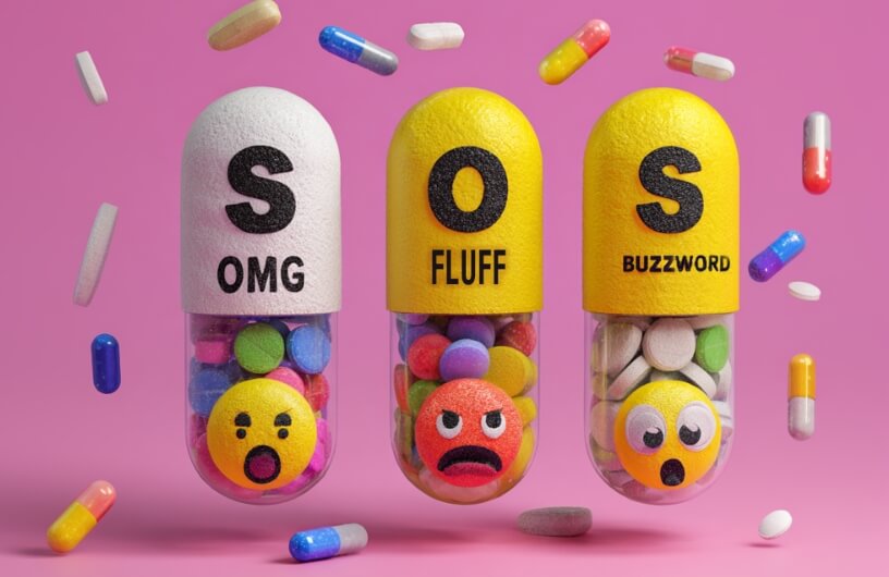 A stylized image shows three large, transparent pills labeled with the letters "SOS" on their top halves. The pills are floating on a pink background, with various other smaller pills scattered around them. The first large pill, which has a white top, contains smaller pills and an emoji with a surprised expression. The words "OMG" are written on its side. The second large pill, with a yellow top, contains smaller pills and an angry-faced emoji. It's labeled "FLUFF." The third large pill, also with a yellow top, contains smaller pills and a startled emoji. It's labeled "BUZZWORD."