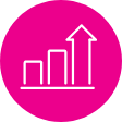 White rising bar chart with arrow icon on pink circle.