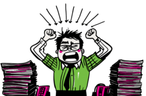 A cartoon illustration of a frustrated office worker with glasses and a green shirt, shouting and pulling at their hair while sitting at a desk between two massive stacks of paperwork, with several black arrows pointing down toward their head.